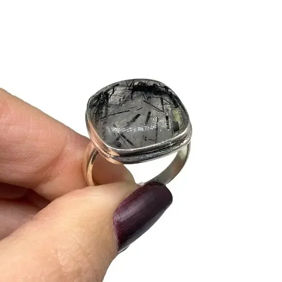 Rutilated Quartz Ring Size 11 Solid 925 Sterling Silver Black Tourmaline Rutile - Picture 7 of 9